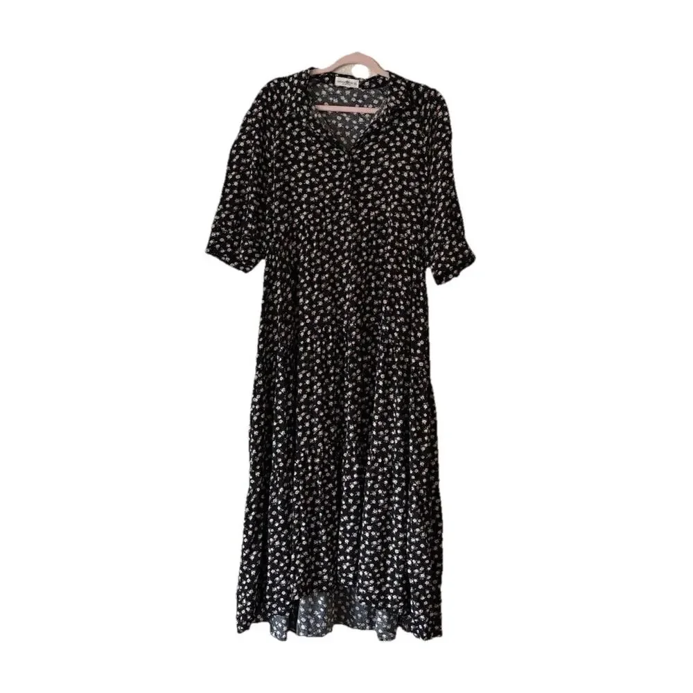 Natural Life Rebecca Midi Dress Black Cream Roses Size XL Cottagecore Floral - Picture 2 of 8